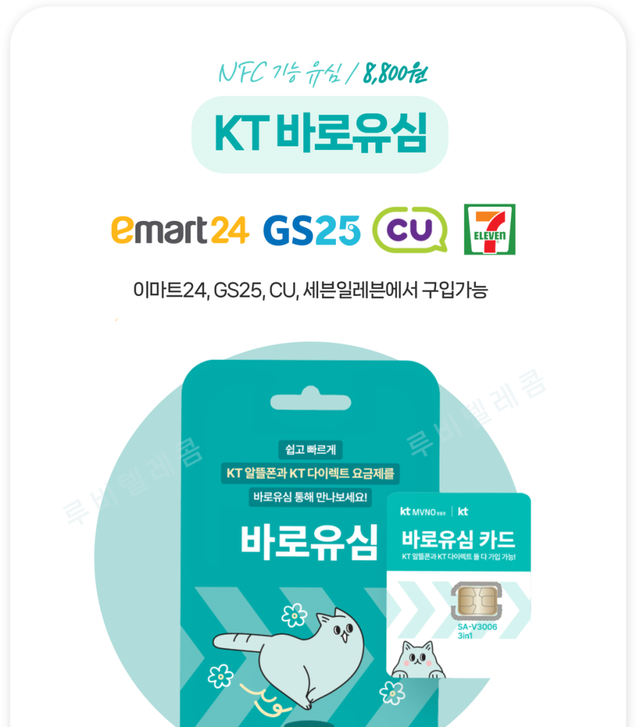 이마트24, gs25, cu, 세븐일레븐 편의점에서 구매 가능한 KT망 바로유심 이미지